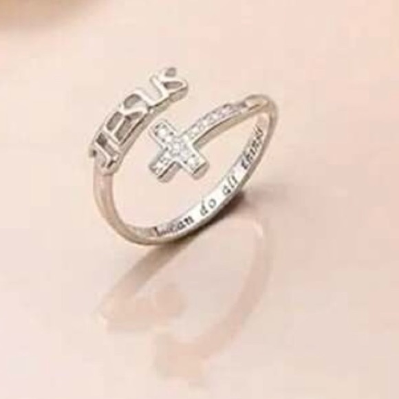 Silver Jesus and Rhinestone Cross Ring - Picture 1 of 4
